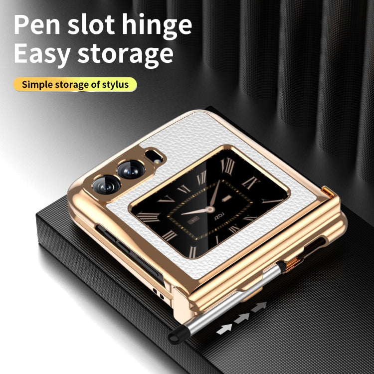 For Motorola Razr 2022 Foldable Electroplated Plain Leather Phone Case with Stylus(White) - Motorola Cases by PMC TechLife | Online Shopping South Africa | PMC TechLife | Buy Now Pay Later Mobicred