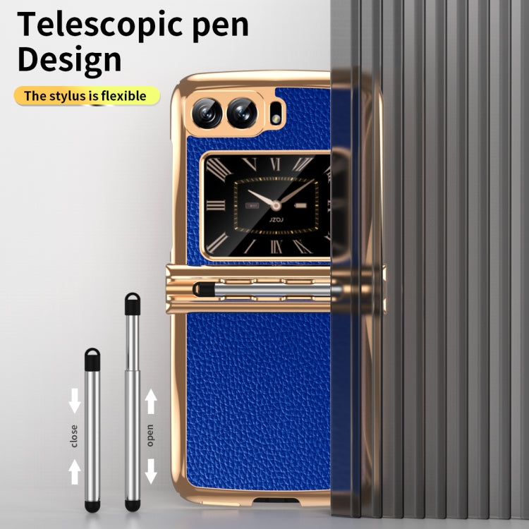 For Motorola Razr 2022 Foldable Electroplated Plain Leather Phone Case with Stylus(Blue) - Motorola Cases by PMC TechLife | Online Shopping South Africa | PMC TechLife | Buy Now Pay Later Mobicred