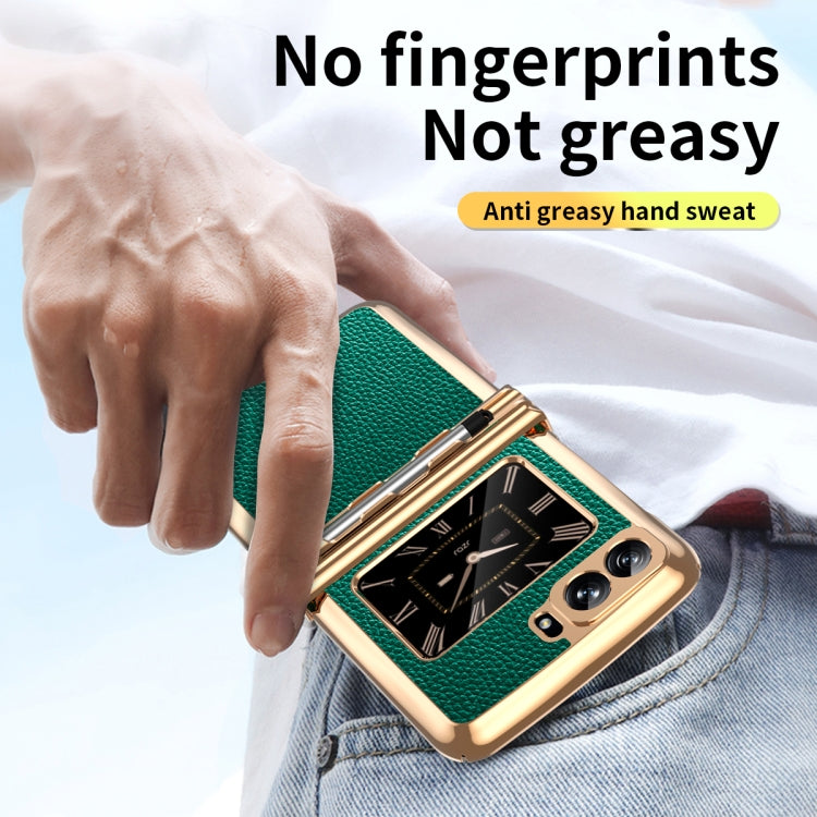 For Motorola Razr 2022 Foldable Electroplated Plain Leather Phone Case with Stylus(Emeralds) - Motorola Cases by PMC TechLife | Online Shopping South Africa | PMC TechLife | Buy Now Pay Later Mobicred