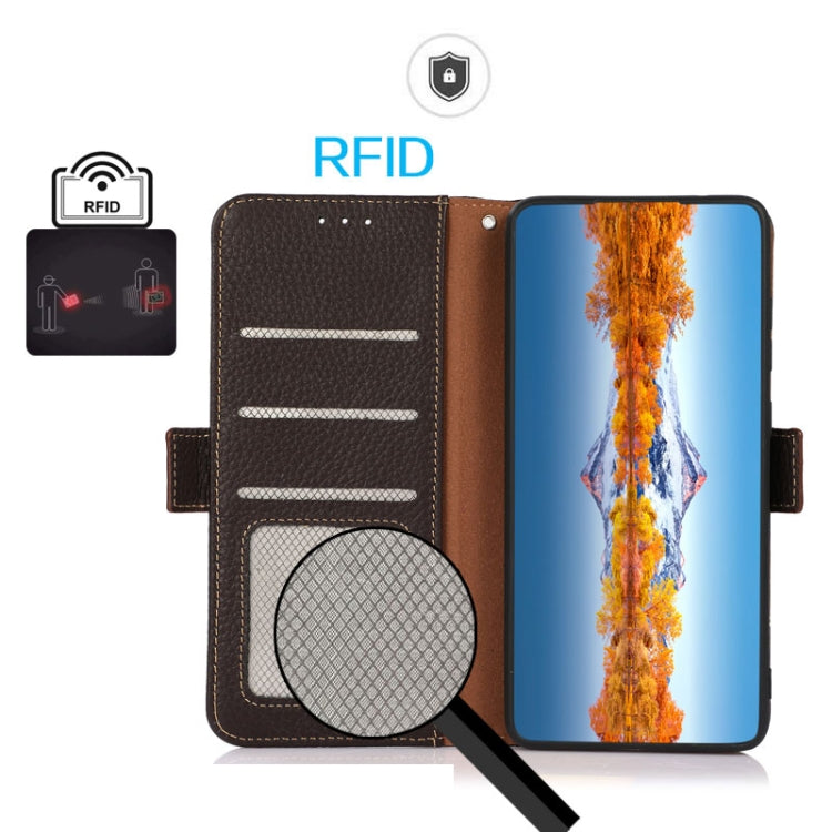 For Google Pixel 7A KHAZNEH Side-Magnetic Litchi Genuine Leather RFID Phone Case(Brown) - Google Cases by PMC TechLife | Online Shopping South Africa | PMC TechLife | Buy Now Pay Later Mobicred