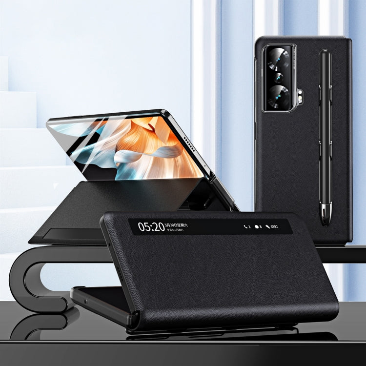 For Honor Magic Vs Side Window View Smart Lychee Texture Leather Phone Case with Pen Slot(Black) - Honor Cases by PMC TechLife | Online Shopping South Africa | PMC TechLife | Buy Now Pay Later Mobicred