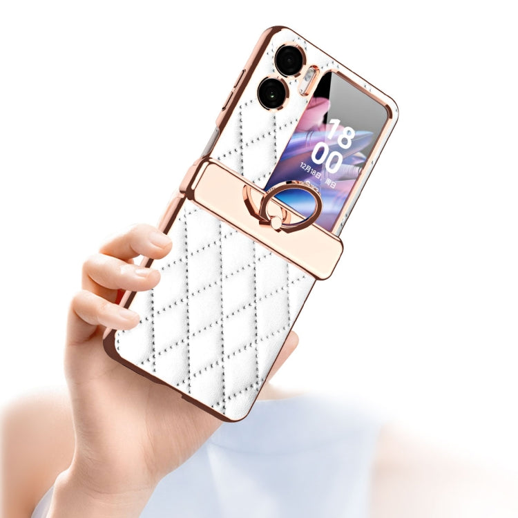 For OPPO Find N2 Flip Rhombus Pattern Electroplated Plain Leather Magnetic Phone Case with Ring(White) - Find N2 Flip Cases by PMC TechLife | Online Shopping South Africa | PMC TechLife | Buy Now Pay Later Mobicred
