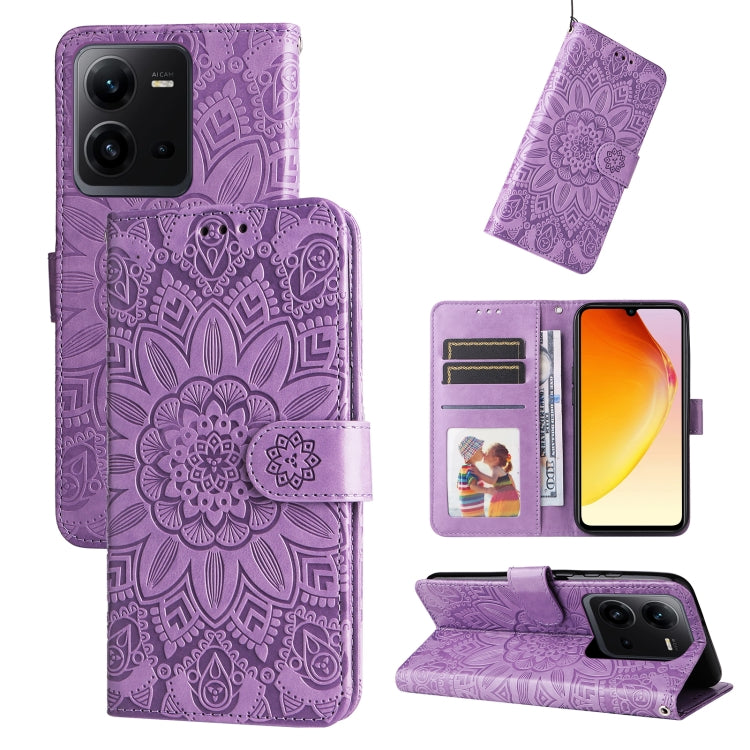 For vivo V25 5G/V25e 4G Embossed Sunflower Leather Phone Case(Purple) - vivo Cases by PMC TechLife | Online Shopping South Africa | PMC TechLife