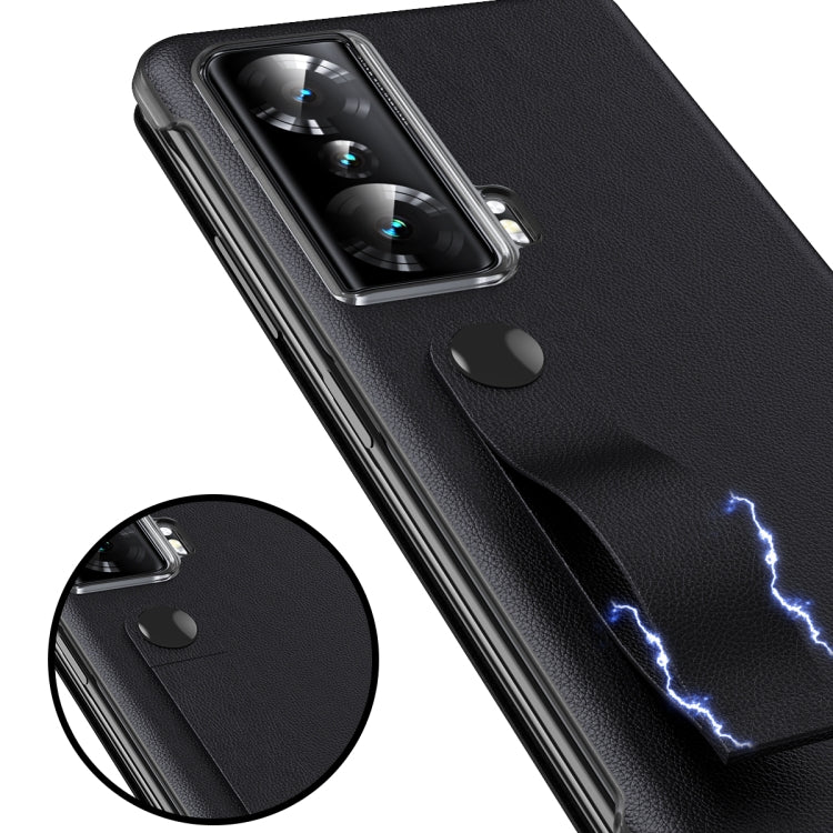 For Honor Magic Vs Side Window View Smart Litchi Pattern Leather Phone Case with Hand Strap(Black) - Honor Cases by PMC TechLife | Online Shopping South Africa | PMC TechLife | Buy Now Pay Later Mobicred