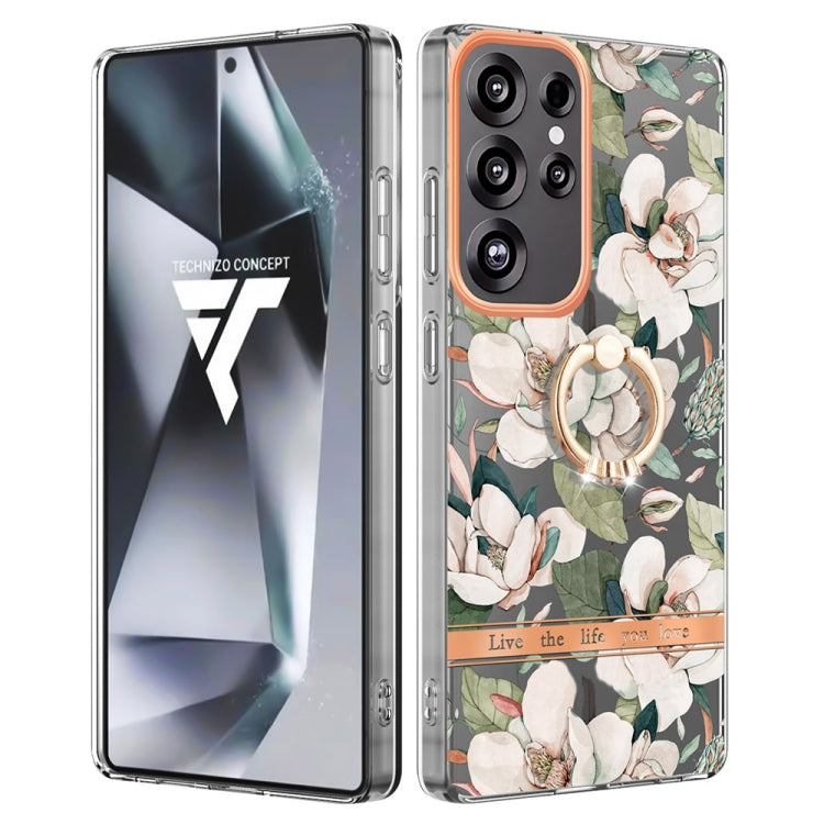 For Samsung Galaxy S25 Ultra 5G Flowers and Plants Series IMD TPU Phone Case with Ring Holder(Green Gardenia) - free shipping - PMC Jewellery - Order now!