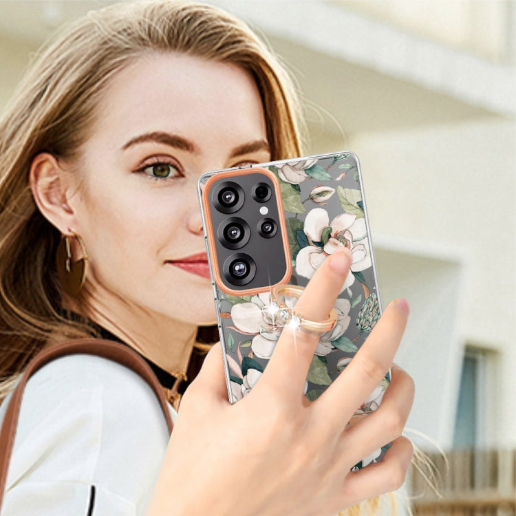 For Samsung Galaxy S25 Ultra 5G Flowers and Plants Series IMD TPU Phone Case with Ring Holder(Green Gardenia) - free shipping - PMC Jewellery - Order now!