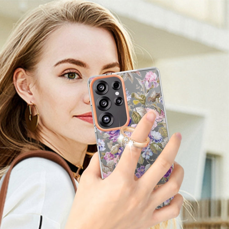 For Samsung Galaxy S25 Ultra 5G Flowers and Plants Series IMD TPU Phone Case with Ring Holder(Purple Peony) - Galaxy S25 Ultra 5G Cases by PMC TechLife | Online Shopping South Africa | PMC TechLife | Buy Now Pay Later Mobicred