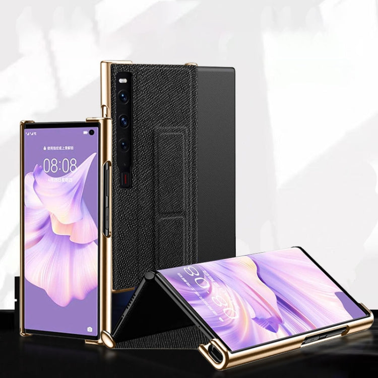 For Huawei Mate Xs 2 Electroplated Cross Pattern Leather All-inclusive Phone Case with Stand(Black Gold) - Huawei Cases by PMC TechLife | Online Shopping South Africa | PMC TechLife | Buy Now Pay Later Mobicred