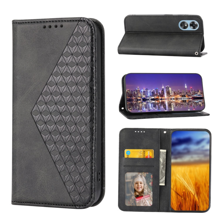 For OPPO Reno8 T 4G Global Cubic Grid Calf Texture Magnetic Leather Phone Case(Black) - OPPO Cases by PMC TechLife | Online Shopping South Africa | PMC TechLife | Buy Now Pay Later Mobicred