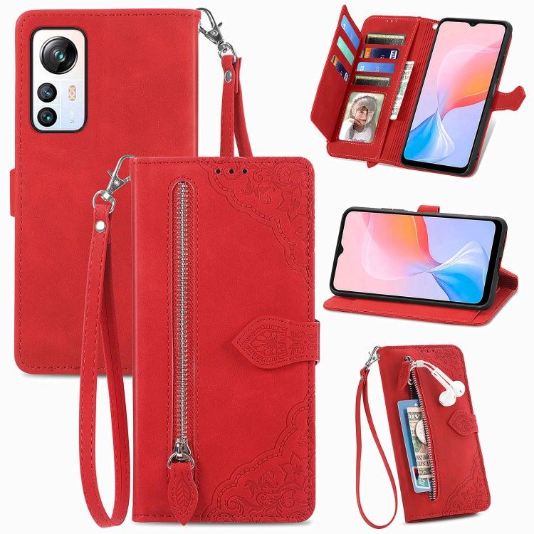 For Blackview A85 Embossed Flower Zipper Leather Phone Case(Red) - More Brand by PMC TechLife | Online Shopping South Africa | PMC TechLife | Buy Now Pay Later Mobicred
