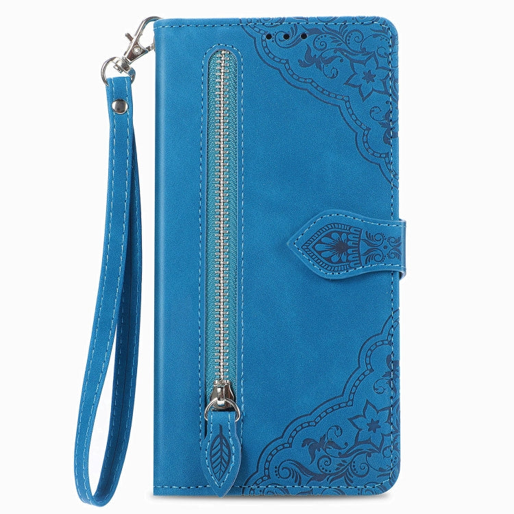 For Blackview A85 Embossed Flower Zipper Leather Phone Case(Blue) - More Brand by PMC TechLife | Online Shopping South Africa | PMC TechLife | Buy Now Pay Later Mobicred