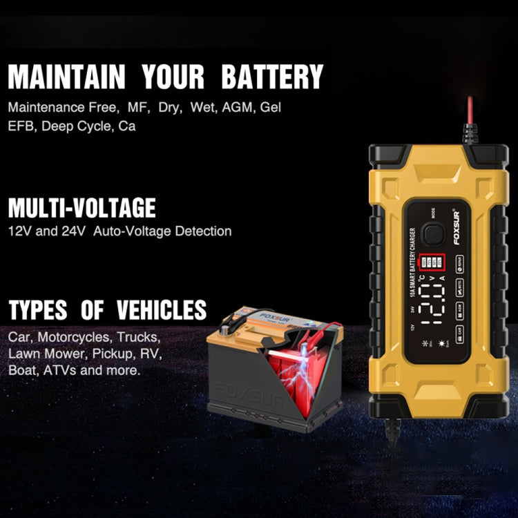 FOXSUR 12V / 24V / 10A Car / Motorcycle Battery Smart Repair Lead-acid Battery Charger(US Plug Yellow) - Battery Charger by FOXSUR | Online Shopping South Africa | PMC TechLife | Buy Now Pay Later Mobicred