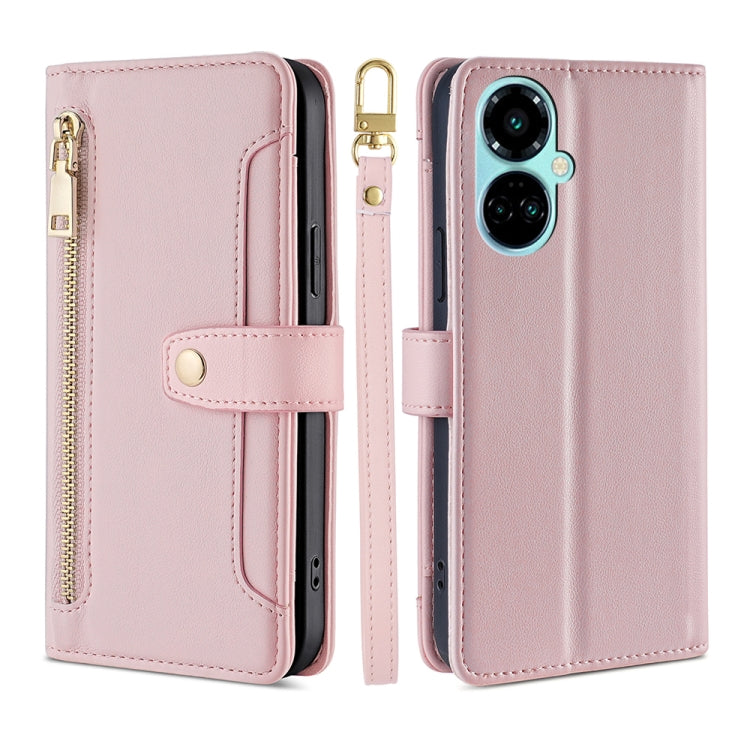 For Tecno Camon 19 / 19 Pro Sheep Texture Cross-body Zipper Wallet Leather Phone Case(Pink) - Tecno Cases by PMC TechLife | Online Shopping South Africa | PMC TechLife | Buy Now Pay Later Mobicred