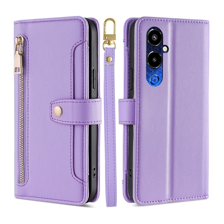 For Tecno Pova 4 Pro Sheep Texture Cross-body Zipper Wallet Leather Phone Case(Purple) - Tecno Cases by PMC TechLife | Online Shopping South Africa | PMC TechLife | Buy Now Pay Later Mobicred