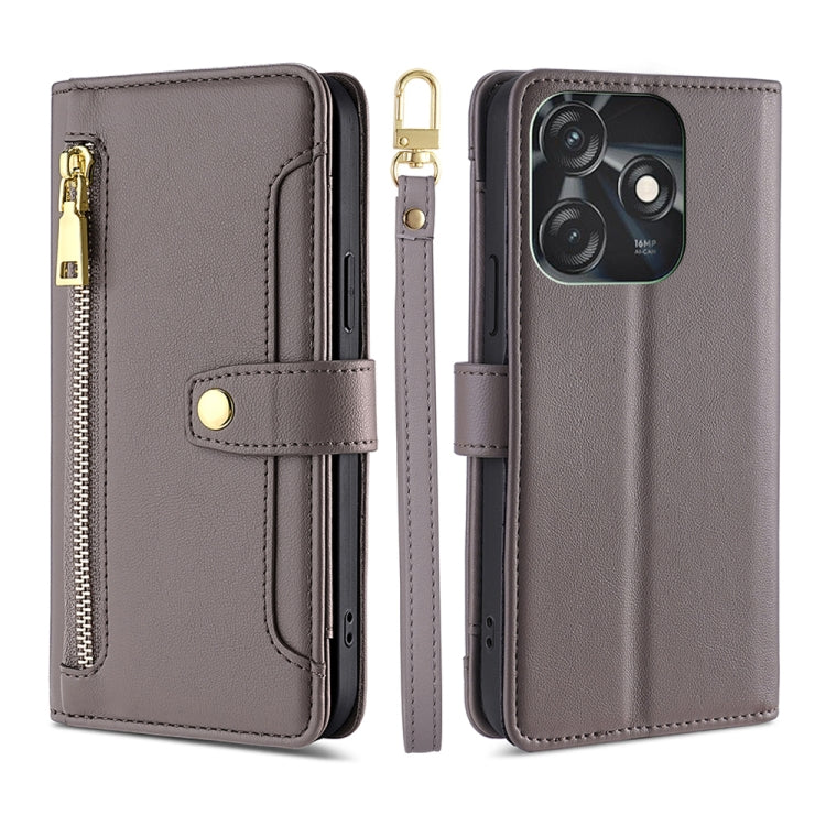 For Tecno Spark 10C Sheep Texture Cross-body Zipper Wallet Leather Phone Case(Grey) - free shipping - PMC TechLife - Order now!
