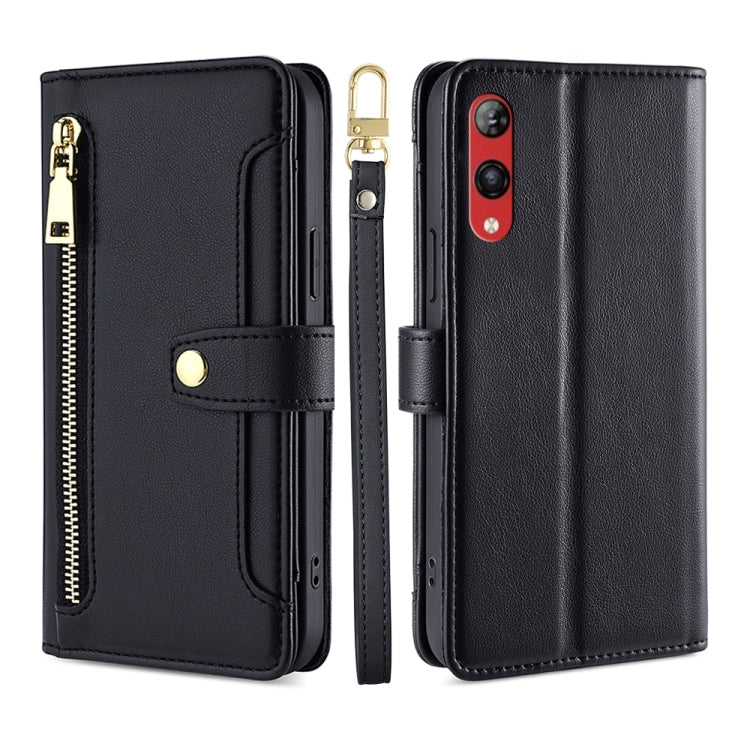For Rakuten Hand 4G Sheep Texture Cross-body Zipper Wallet Leather Phone Case(Black) - More Brand by PMC TechLife | Online Shopping South Africa | PMC TechLife | Buy Now Pay Later Mobicred