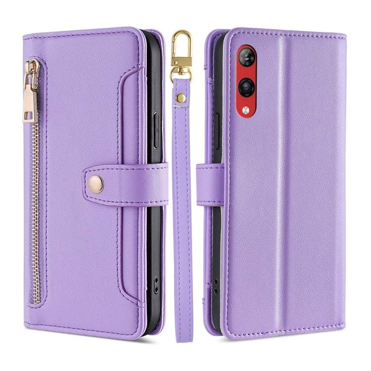 For Rakuten Hand 4G Sheep Texture Cross-body Zipper Wallet Leather Phone Case(Purple) - More Brand by PMC TechLife | Online Shopping South Africa | PMC TechLife | Buy Now Pay Later Mobicred