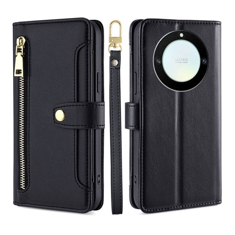 For Honor X40 Sheep Texture Cross-body Zipper Wallet Leather Phone Case(Black) - Honor Cases by PMC TechLife | Online Shopping South Africa | PMC TechLife | Buy Now Pay Later Mobicred