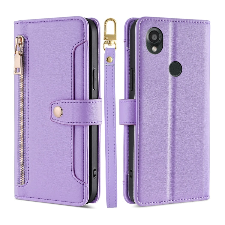 For Kyocera Digno SX3-KYG02 Sheep Texture Cross-body Zipper Wallet Leather Phone Case(Purple) - More Brand by PMC TechLife | Online Shopping South Africa | PMC TechLife | Buy Now Pay Later Mobicred
