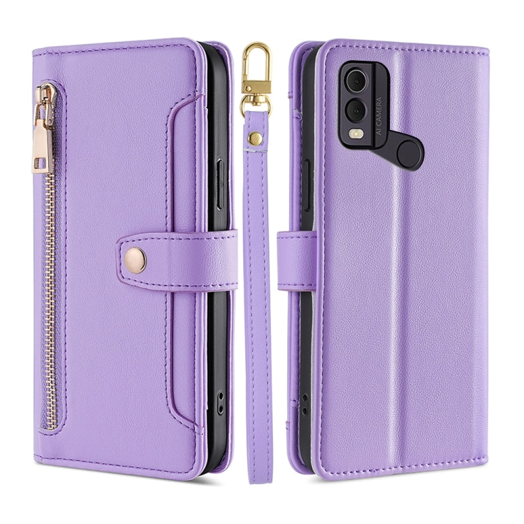 For Nokia C22 Sheep Texture Cross-body Zipper Wallet Leather Phone Case(Purple) - Nokia Cases by PMC TechLife | Online Shopping South Africa | PMC TechLife | Buy Now Pay Later Mobicred