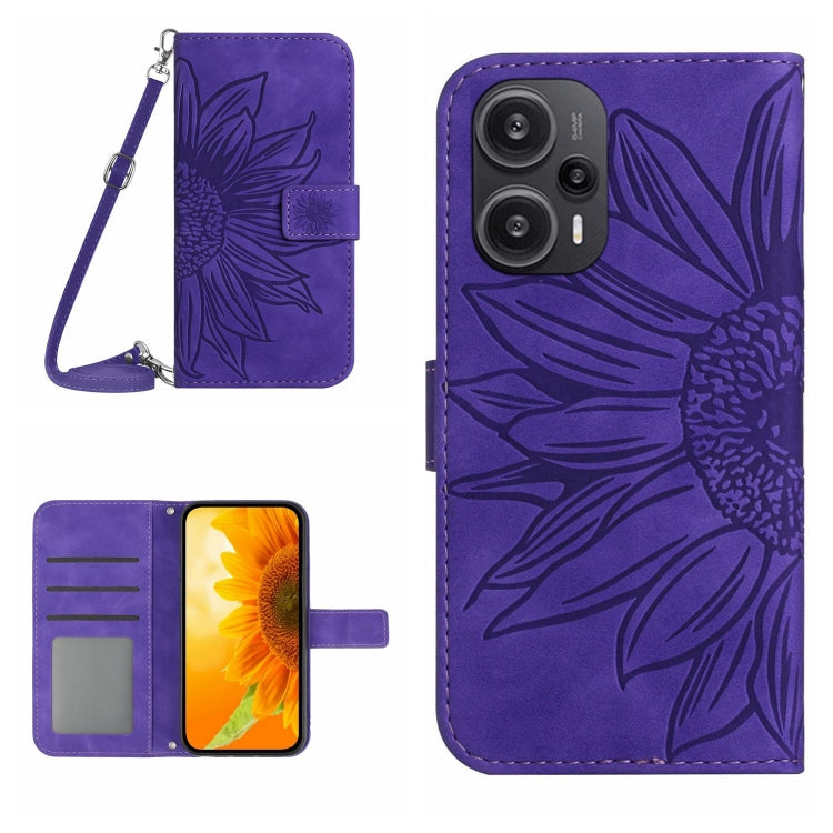 For Xiaomi Poco F5 Skin Feel Sun Flower Embossed Flip Leather Phone Case with Lanyard(Dark Purple) - Xiaomi Cases by PMC TechLife | Online Shopping South Africa | PMC TechLife | Buy Now Pay Later Mobicred