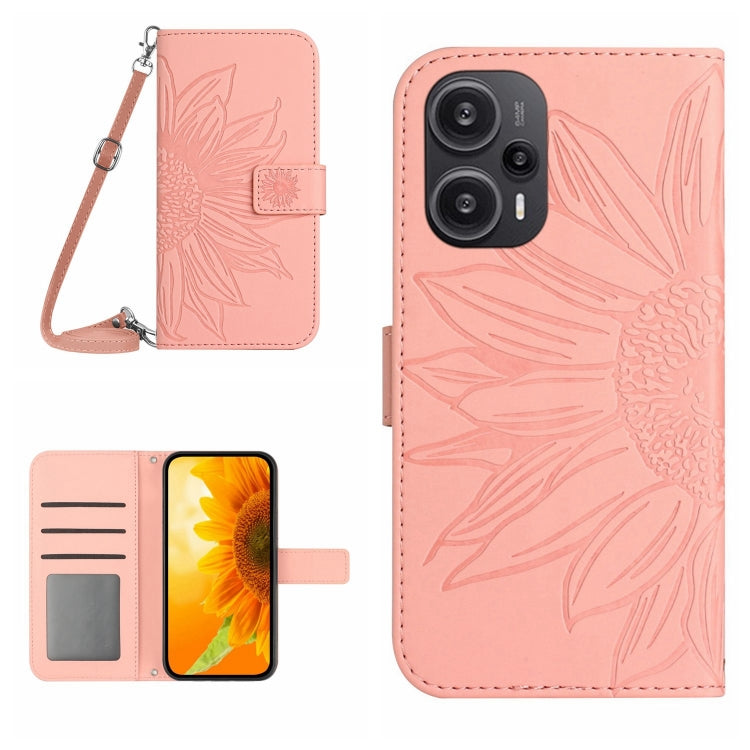 For Xiaomi Poco F5 Skin Feel Sun Flower Embossed Flip Leather Phone Case with Lanyard(Pink) - Xiaomi Cases by PMC TechLife | Online Shopping South Africa | PMC TechLife | Buy Now Pay Later Mobicred