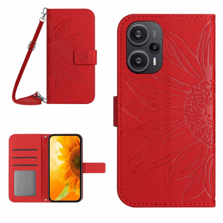 For Xiaomi Poco F5 Skin Feel Sun Flower Embossed Flip Leather Phone Case with Lanyard(Red) - Xiaomi Cases by PMC TechLife | Online Shopping South Africa | PMC TechLife | Buy Now Pay Later Mobicred