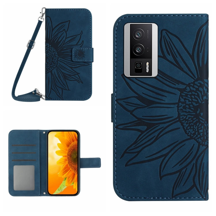 For Xiaomi Poco F5 Pro Skin Feel Sun Flower Embossed Flip Leather Phone Case with Lanyard(Inky Blue) - Xiaomi Cases by PMC TechLife | Online Shopping South Africa | PMC TechLife | Buy Now Pay Later Mobicred