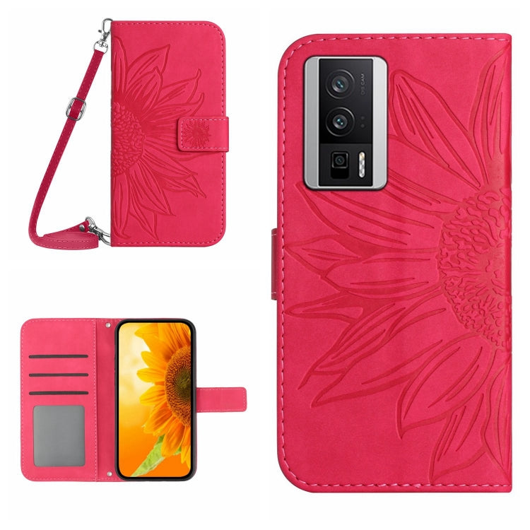 For Xiaomi Poco F5 Pro Skin Feel Sun Flower Embossed Flip Leather Phone Case with Lanyard(Rose Red) - Xiaomi Cases by PMC TechLife | Online Shopping South Africa | PMC TechLife | Buy Now Pay Later Mobicred