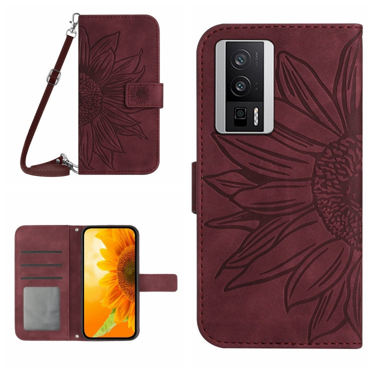 For Xiaomi Poco F5 Pro Skin Feel Sun Flower Embossed Flip Leather Phone Case with Lanyard(Wine Red) - Xiaomi Cases by PMC TechLife | Online Shopping South Africa | PMC TechLife | Buy Now Pay Later Mobicred