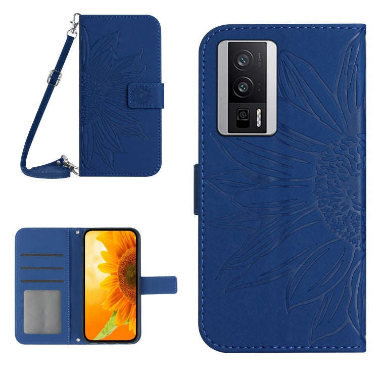 For Xiaomi Poco F5 Pro Skin Feel Sun Flower Embossed Flip Leather Phone Case with Lanyard(Dark Blue) - Xiaomi Cases by PMC TechLife | Online Shopping South Africa | PMC TechLife | Buy Now Pay Later Mobicred