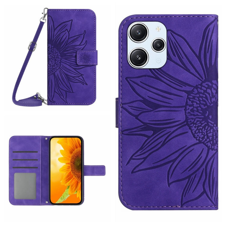 For Xiaomi Redmi 12 4G Global Skin Feel Sun Flower Embossed Flip Leather Phone Case with Lanyard(Dark Purple) - Xiaomi Cases by PMC TechLife | Online Shopping South Africa | PMC TechLife | Buy Now Pay Later Mobicred