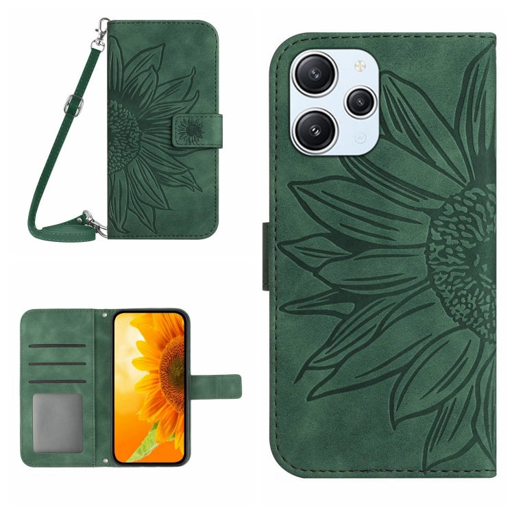For Xiaomi Redmi 12 4G Global Skin Feel Sun Flower Embossed Flip Leather Phone Case with Lanyard(Green) - Xiaomi Cases by PMC TechLife | Online Shopping South Africa | PMC TechLife | Buy Now Pay Later Mobicred