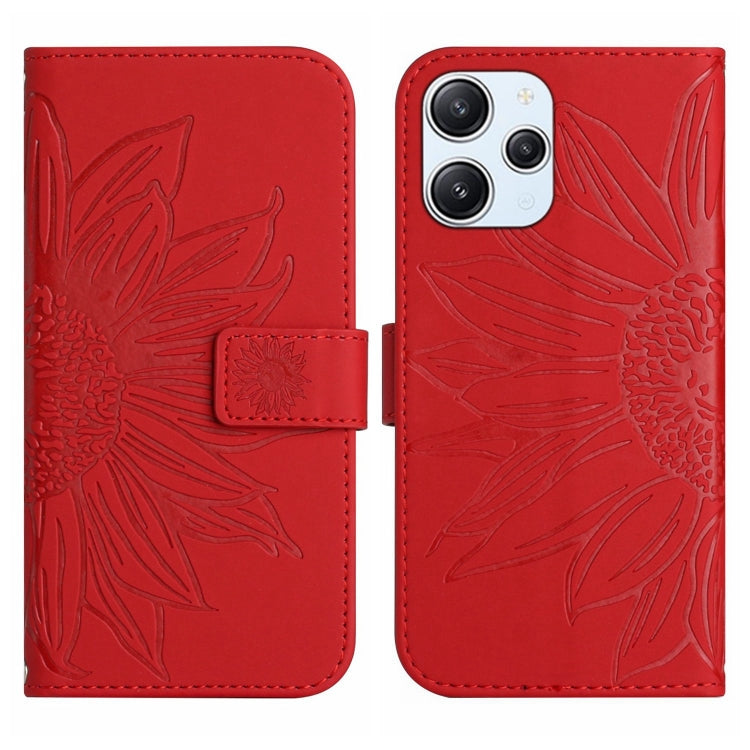 For Xiaomi Redmi 12 4G Global Skin Feel Sun Flower Embossed Flip Leather Phone Case with Lanyard(Red) - Xiaomi Cases by PMC TechLife | Online Shopping South Africa | PMC TechLife | Buy Now Pay Later Mobicred
