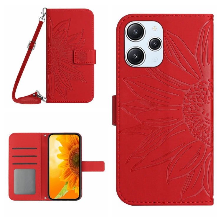 For Xiaomi Redmi 12 4G Global Skin Feel Sun Flower Embossed Flip Leather Phone Case with Lanyard(Red) - Xiaomi Cases by PMC TechLife | Online Shopping South Africa | PMC TechLife | Buy Now Pay Later Mobicred