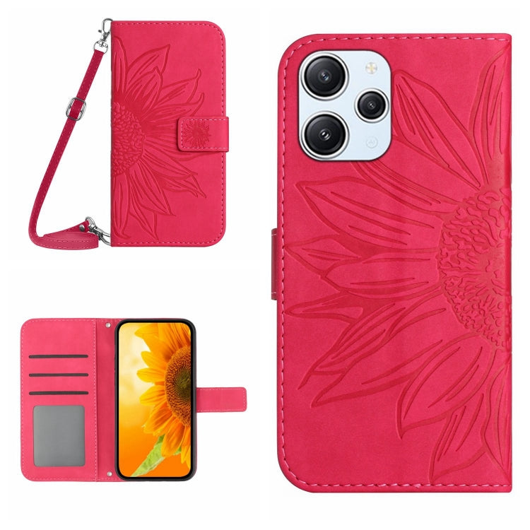 For Xiaomi Redmi 12 5G Skin Feel Sun Flower Embossed Flip Leather Phone Case with Lanyard(Rose Red) - Xiaomi Cases by PMC TechLife | Online Shopping South Africa | PMC TechLife | Buy Now Pay Later Mobicred