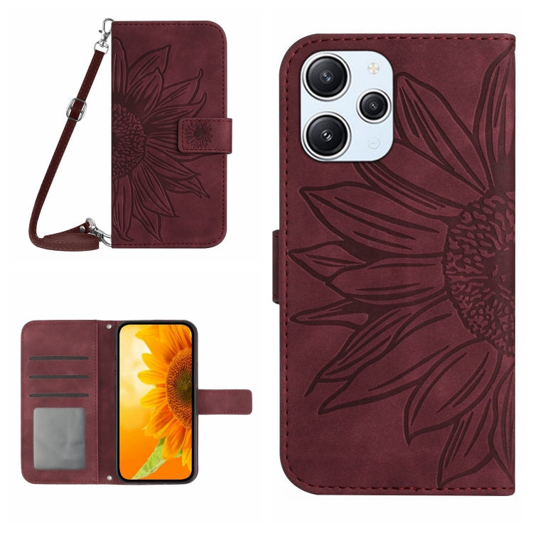 For Xiaomi Redmi 12 5G Skin Feel Sun Flower Embossed Flip Leather Phone Case with Lanyard(Wine Red) - Xiaomi Cases by PMC TechLife | Online Shopping South Africa | PMC TechLife | Buy Now Pay Later Mobicred