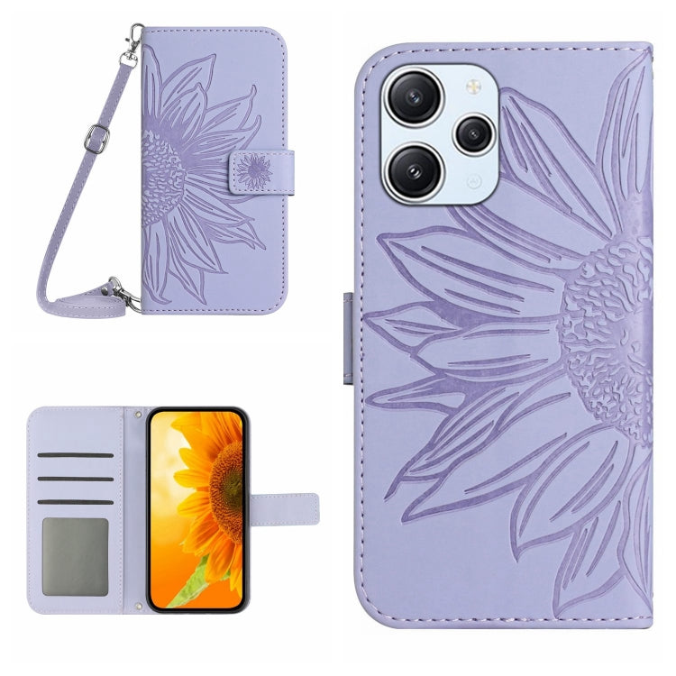 For Xiaomi Redmi 12 5G Skin Feel Sun Flower Embossed Flip Leather Phone Case with Lanyard(Purple) - Xiaomi Cases by PMC TechLife | Online Shopping South Africa | PMC TechLife | Buy Now Pay Later Mobicred