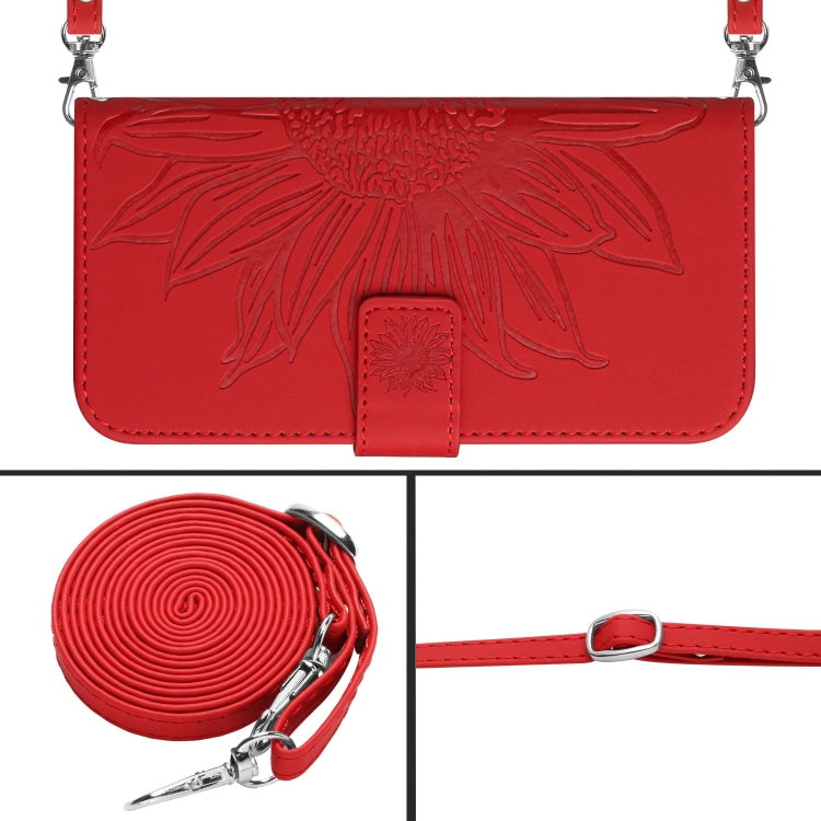 For Xiaomi Redmi 12 5G Skin Feel Sun Flower Embossed Flip Leather Phone Case with Lanyard(Red) - Xiaomi Cases by PMC TechLife | Online Shopping South Africa | PMC TechLife | Buy Now Pay Later Mobicred