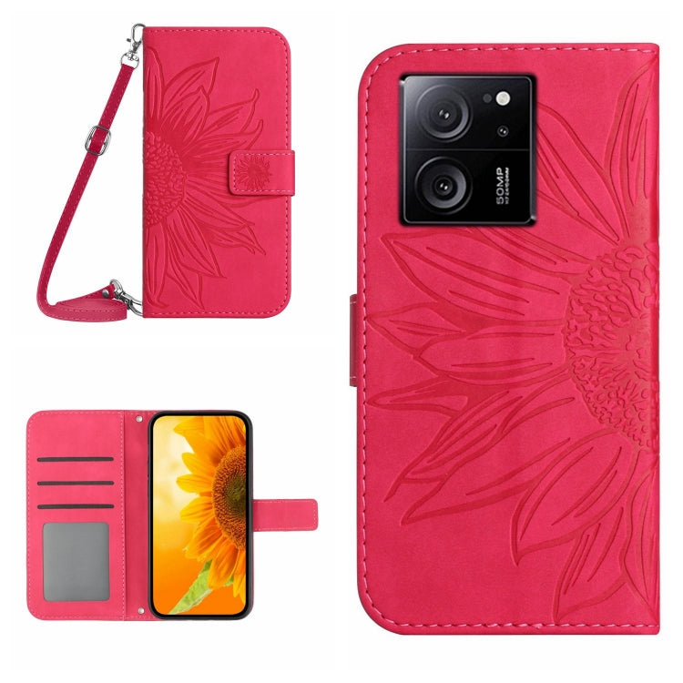 For Xiaomi 13T / 13T Pro Skin Feel Sun Flower Embossed Flip Leather Phone Case with Lanyard(Rose Red) - Xiaomi Cases by PMC TechLife | Online Shopping South Africa | PMC TechLife | Buy Now Pay Later Mobicred