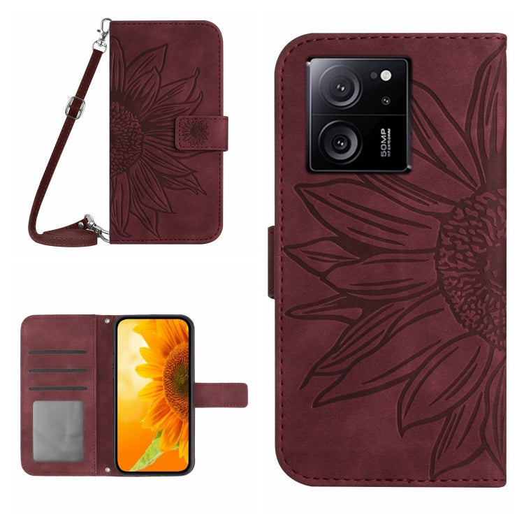 For Xiaomi 13T / 13T Pro Skin Feel Sun Flower Embossed Flip Leather Phone Case with Lanyard(Wine Red) - free shipping - PMC TechLife - Order now!