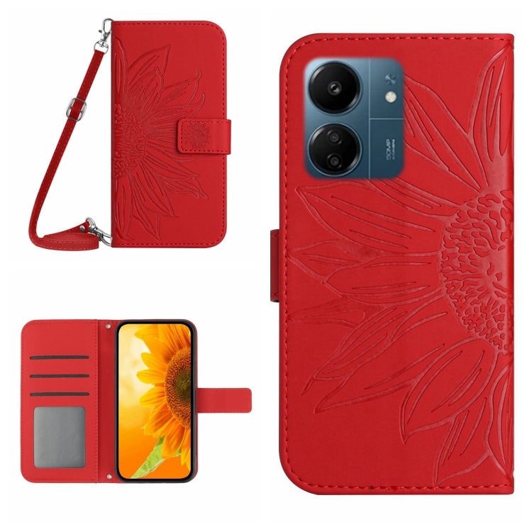 For Xiaomi Redmi 13C 4G Skin Feel Sun Flower Embossed Flip Leather Phone Case with Lanyard(Red) - free shipping - PMC TechLife - Order now!