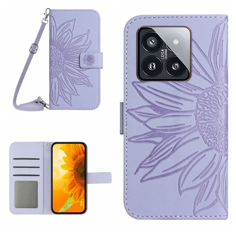 For Xiaomi 14 Skin Feel Sun Flower Embossed Flip Leather Phone Case with Lanyard(Purple) - 14 Cases by PMC TechLife | Online Shopping South Africa | PMC TechLife | Buy Now Pay Later Mobicred