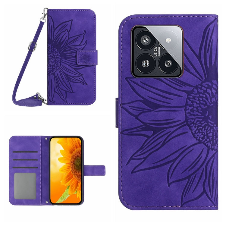 For Xiaomi 14 Pro Skin Feel Sun Flower Embossed Flip Leather Phone Case with Lanyard(Dark Purple) - 14 Pro Cases by PMC TechLife | Online Shopping South Africa | PMC TechLife | Buy Now Pay Later Mobicred