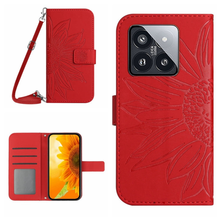 For Xiaomi 14 Pro Skin Feel Sun Flower Embossed Flip Leather Phone Case with Lanyard(Red) - 14 Pro Cases by PMC TechLife | Online Shopping South Africa | PMC TechLife | Buy Now Pay Later Mobicred