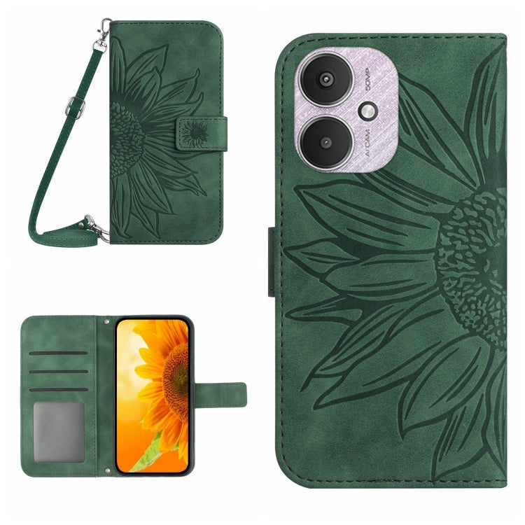 For Xiaomi Redmi 13C 5G Skin Feel Sun Flower Embossed Flip Leather Phone Case with Lanyard(Green) - 13C Cases by PMC TechLife | Online Shopping South Africa | PMC TechLife | Buy Now Pay Later Mobicred