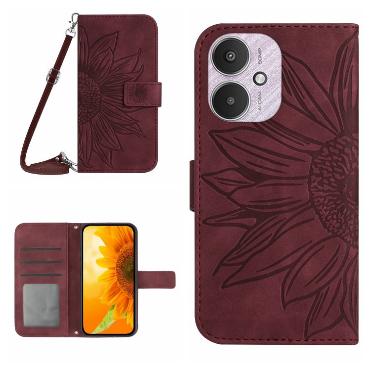 For Xiaomi Redmi 13C 5G Skin Feel Sun Flower Embossed Flip Leather Phone Case with Lanyard(Wine Red) - 13C Cases by PMC TechLife | Online Shopping South Africa | PMC TechLife | Buy Now Pay Later Mobicred