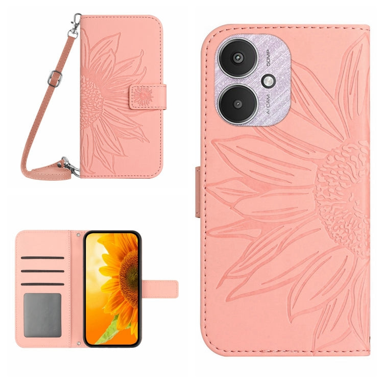 For Xiaomi Redmi 13C 5G Skin Feel Sun Flower Embossed Flip Leather Phone Case with Lanyard(Pink) - Xiaomi Cases by PMC TechLife | Online Shopping South Africa | PMC TechLife | Buy Now Pay Later Mobicred