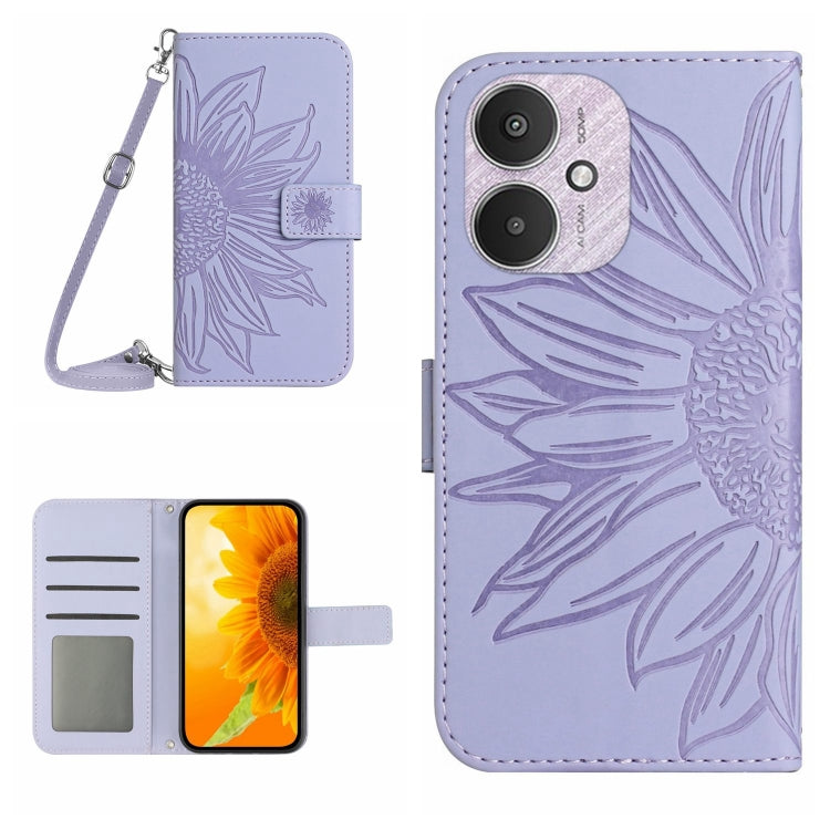 For Xiaomi Redmi 13C 5G Skin Feel Sun Flower Embossed Flip Leather Phone Case with Lanyard(Purple) - 13C Cases by PMC TechLife | Online Shopping South Africa | PMC TechLife | Buy Now Pay Later Mobicred