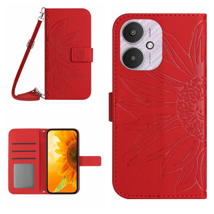 For Xiaomi Redmi 13C 5G Skin Feel Sun Flower Embossed Flip Leather Phone Case with Lanyard(Red) - 13C Cases by PMC TechLife | Online Shopping South Africa | PMC TechLife | Buy Now Pay Later Mobicred